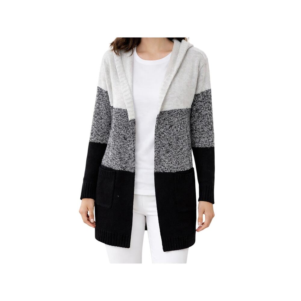 Tahari Sweater Womens Size XS Black Gray Mid Length Hooded Open Cardigan NWT